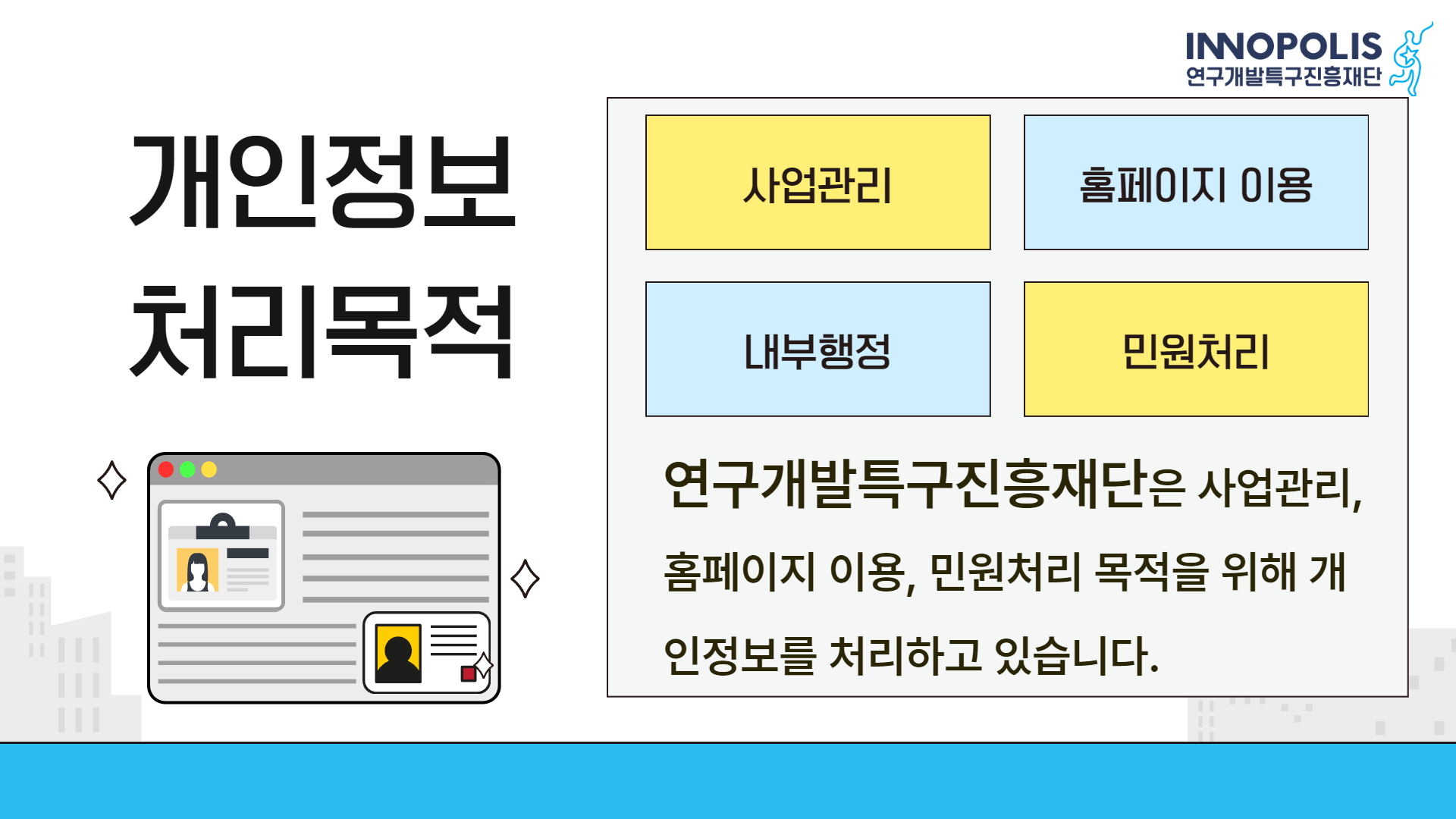 개인정보 처리목적 [사업관리 / 홈페이지 이용 / 내부행정 / 민원처리] 연구개발특구진흥재단은 사업관리, 홈페이지 이용, 민원처리 목적을 위해 개인정보를 처리하고 있습니다.